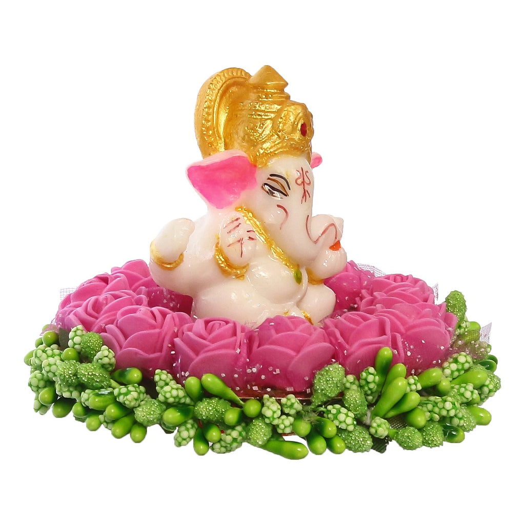 Lord Ganesha Idol On Decorative Handcrafted Pink Flowers Plate Kafalo
