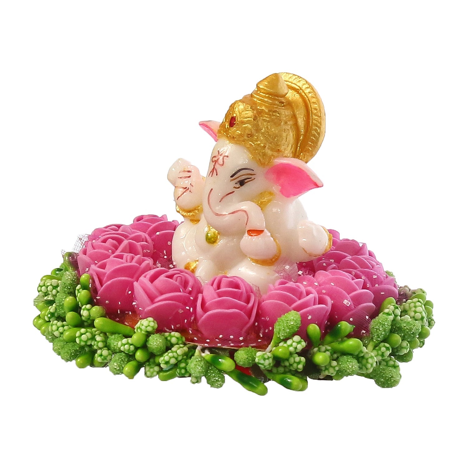 Lord Ganesha Idol On Decorative Handcrafted Pink Flowers Plate Kafalo