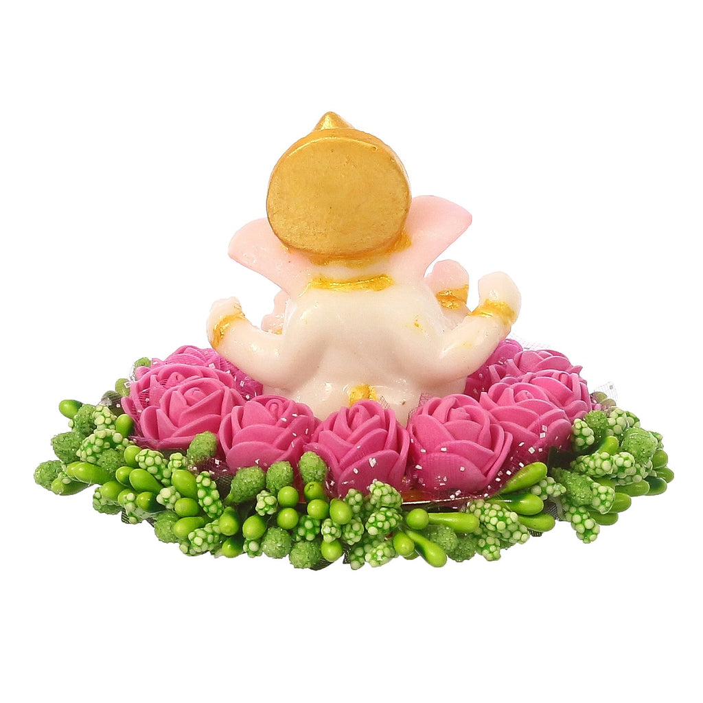 Lord Ganesha Idol On Decorative Handcrafted Pink Flowers Plate Kafalo