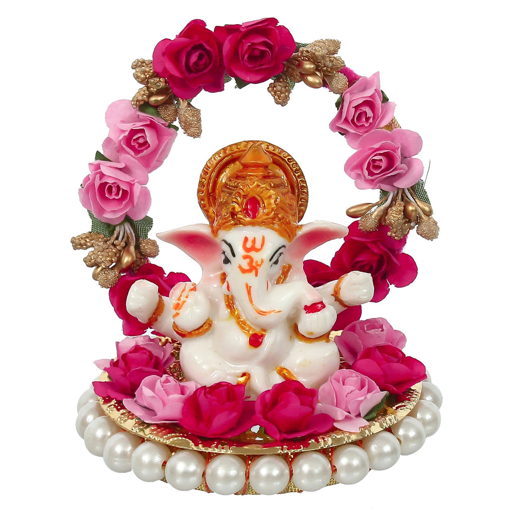 Polyresin Lord Ganesha Idol on Decorative Handcrafted Plate with Throne of Pink and Red Flowers Kafalo