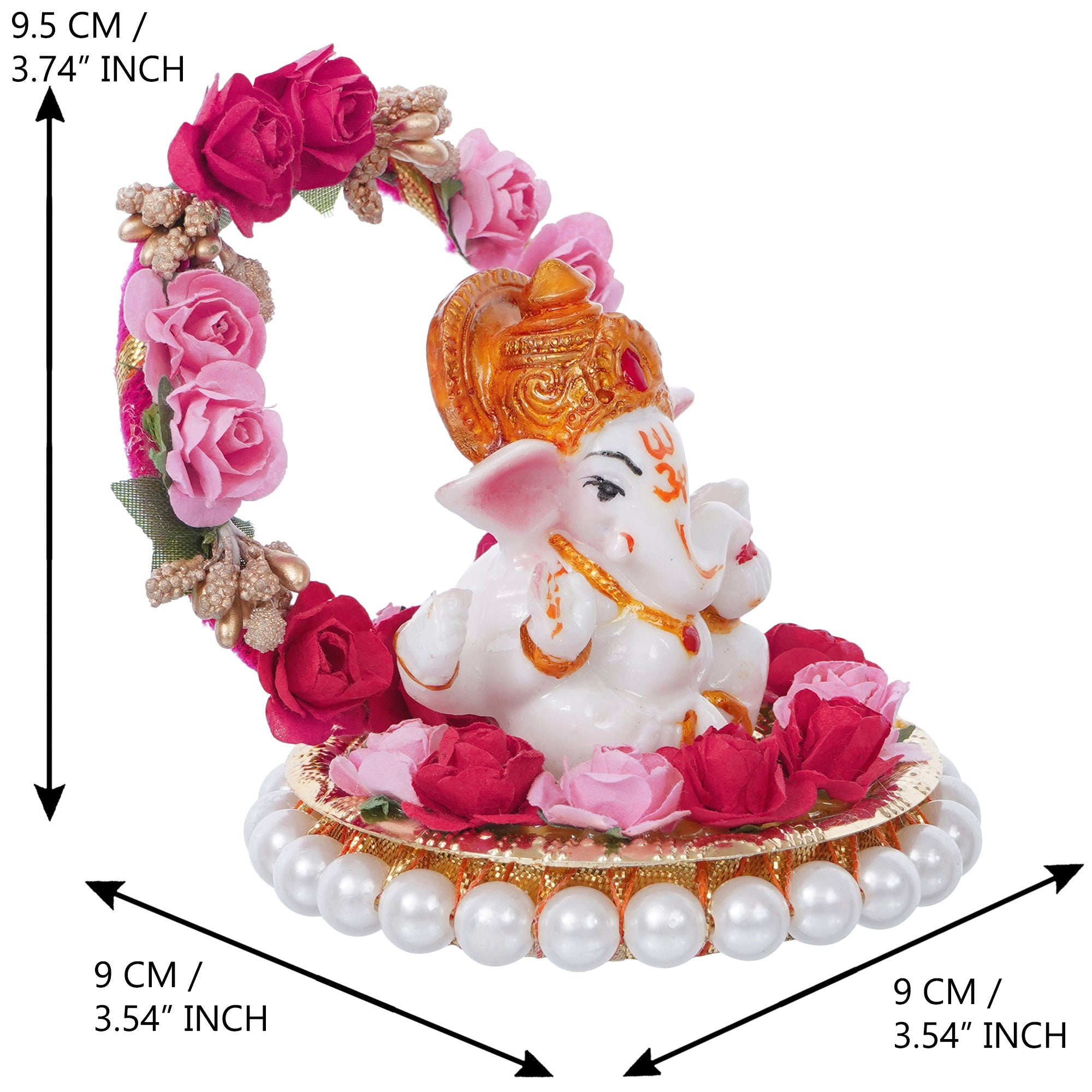 Polyresin Lord Ganesha Idol on Decorative Handcrafted Plate with Throne of Pink and Red Flowers Kafalo
