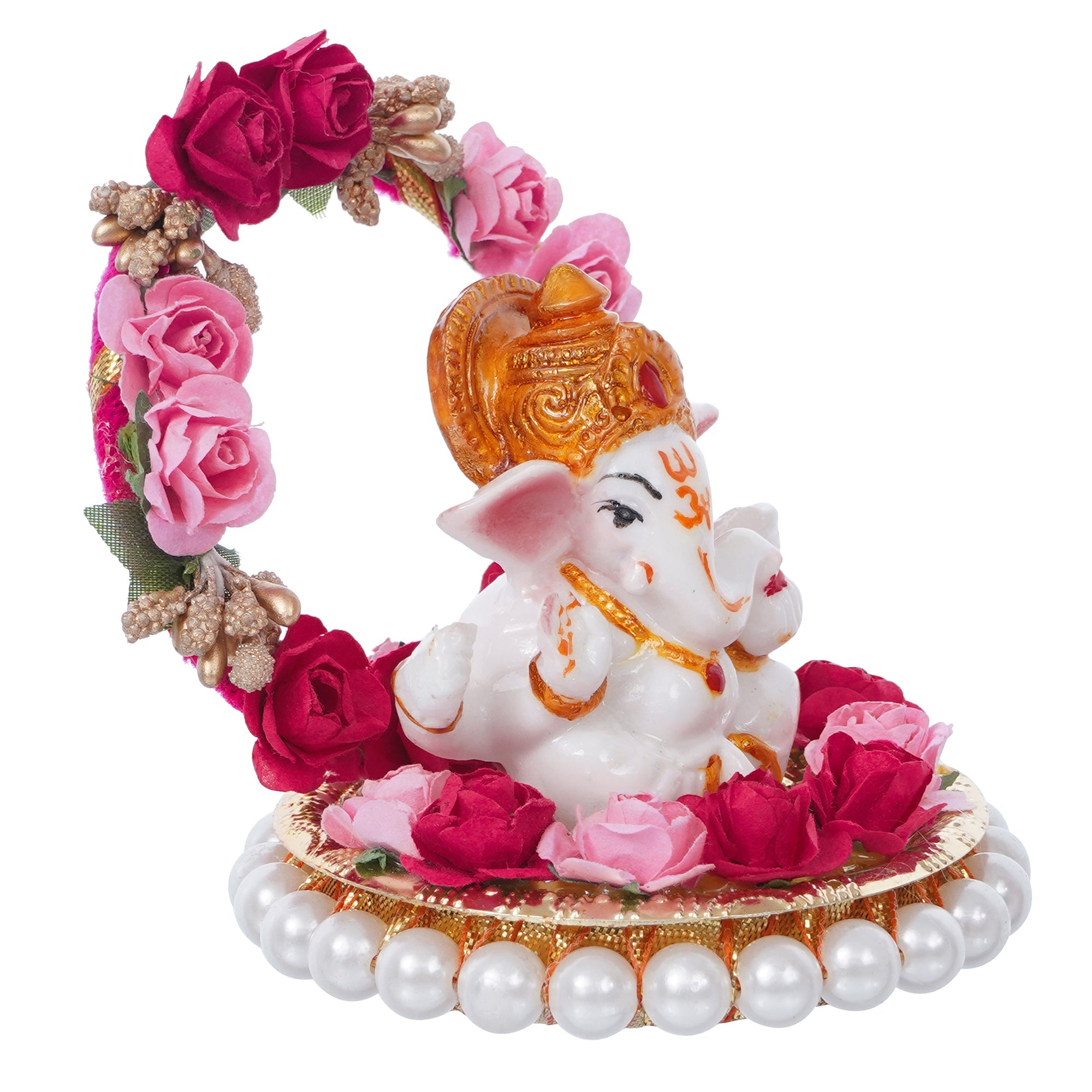 Polyresin Lord Ganesha Idol on Decorative Handcrafted Plate with Throne of Pink and Red Flowers Kafalo