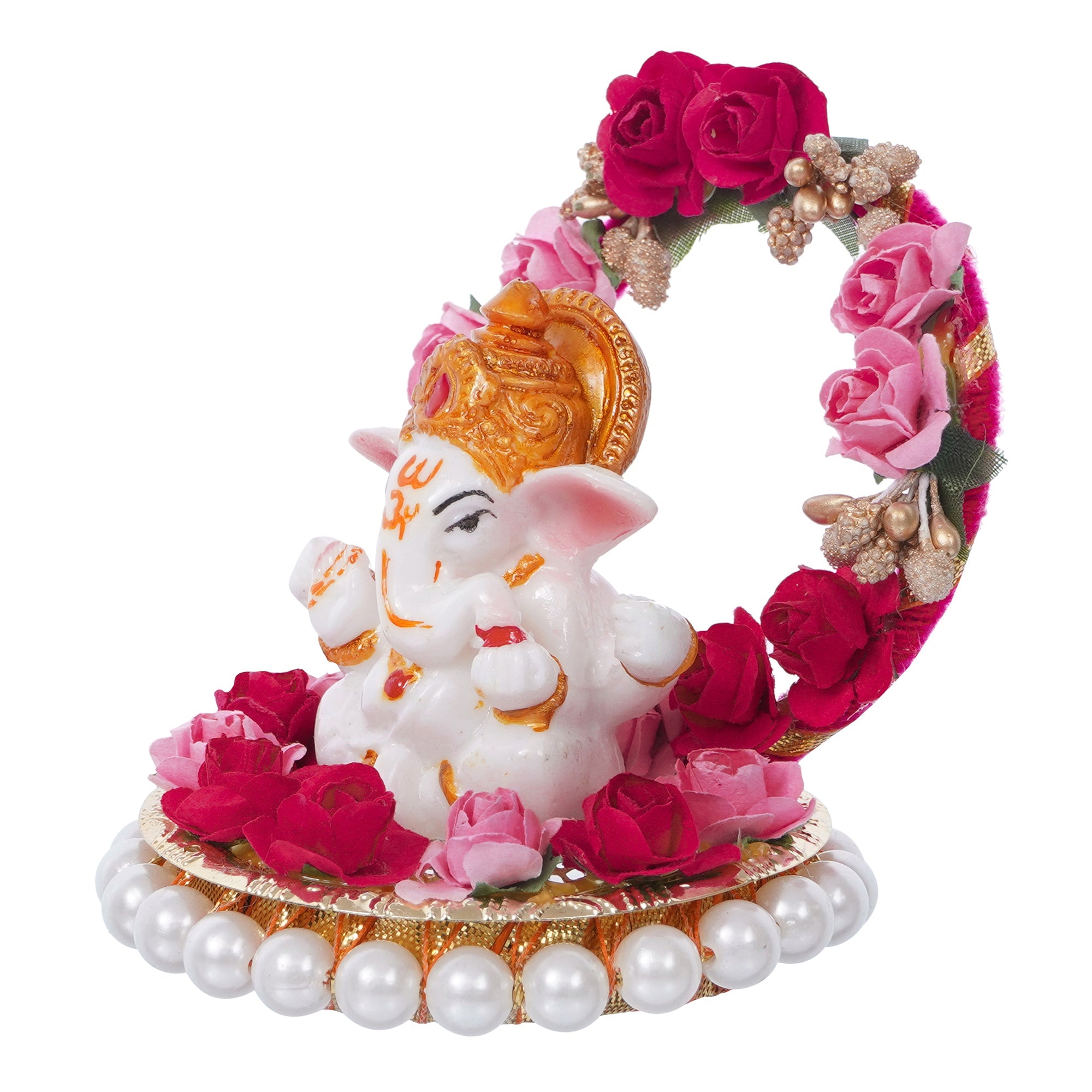 Polyresin Lord Ganesha Idol on Decorative Handcrafted Plate with Throne of Pink and Red Flowers Kafalo