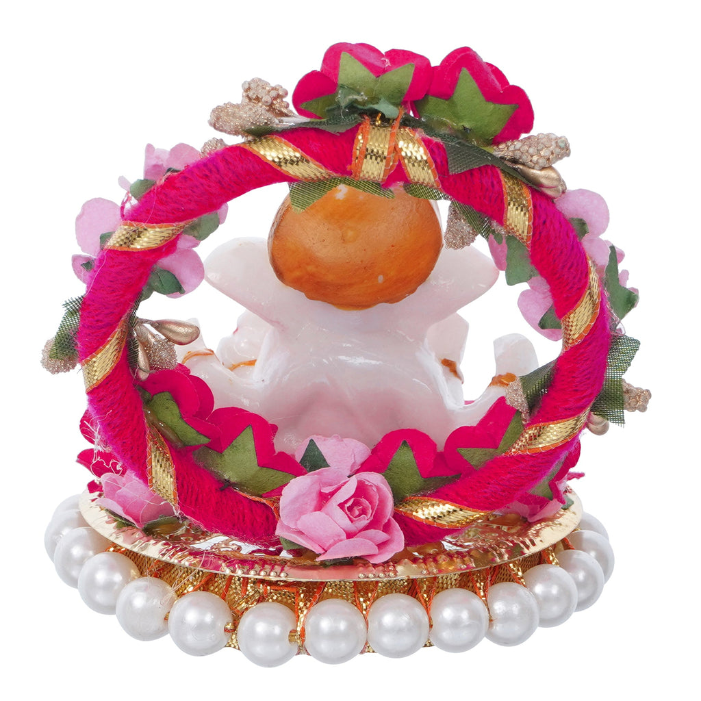 Polyresin Lord Ganesha Idol on Decorative Handcrafted Plate with Throne of Pink and Red Flowers Kafalo
