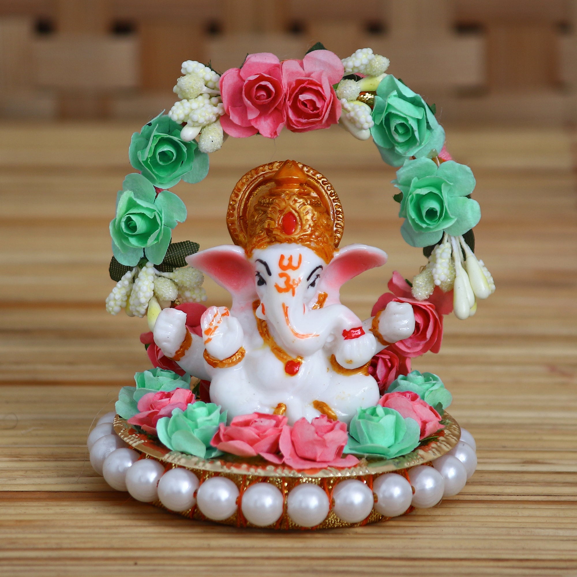 Lord Ganesha Idol On Decorative Handicrafted Plate With Throne Of Pink And Green Flowers Kafalo