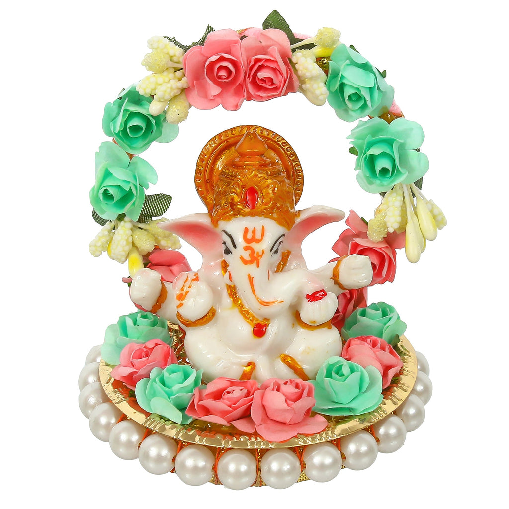 Lord Ganesha Idol On Decorative Handicrafted Plate With Throne Of Pink And Green Flowers Kafalo