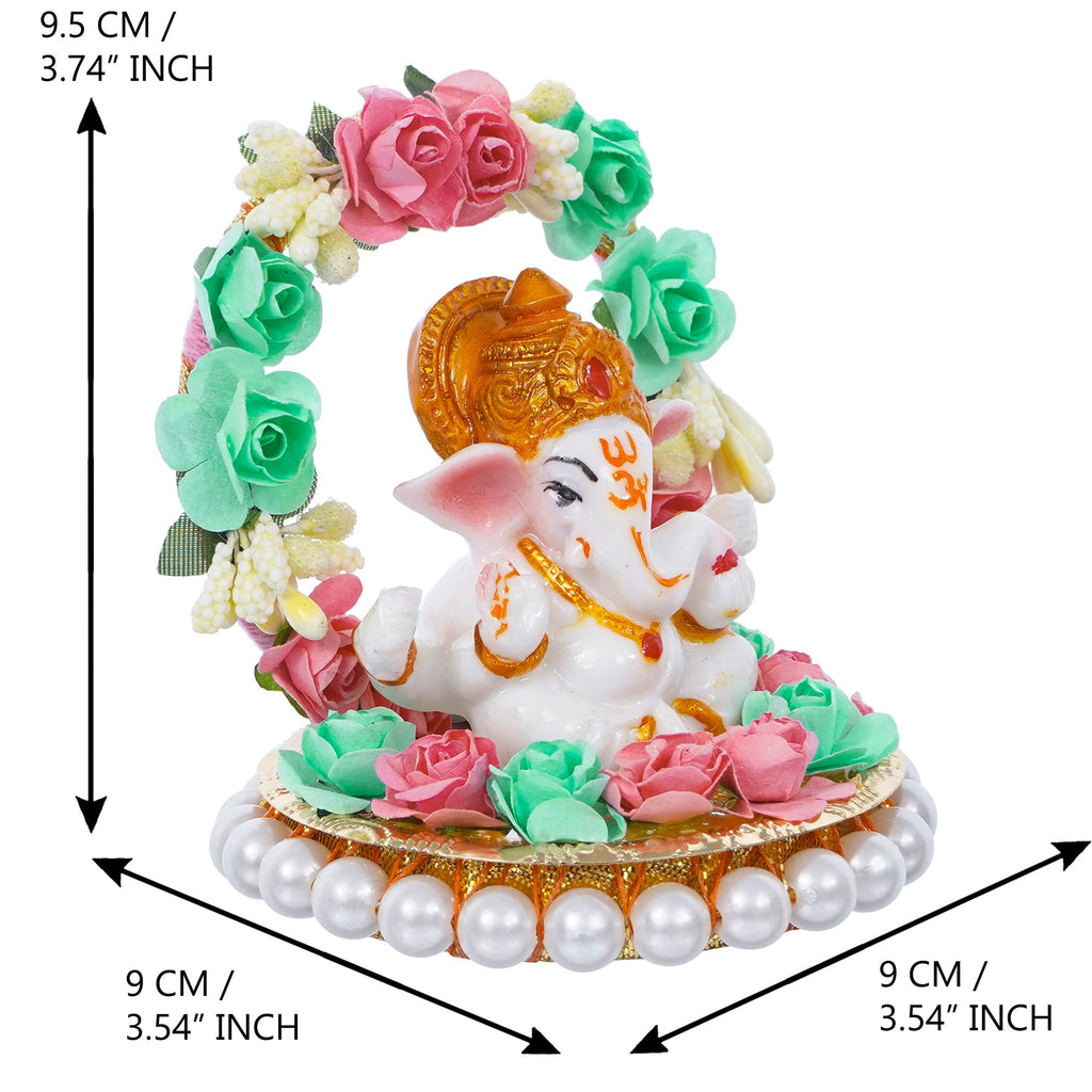 Lord Ganesha Idol On Decorative Handicrafted Plate With Throne Of Pink And Green Flowers Kafalo