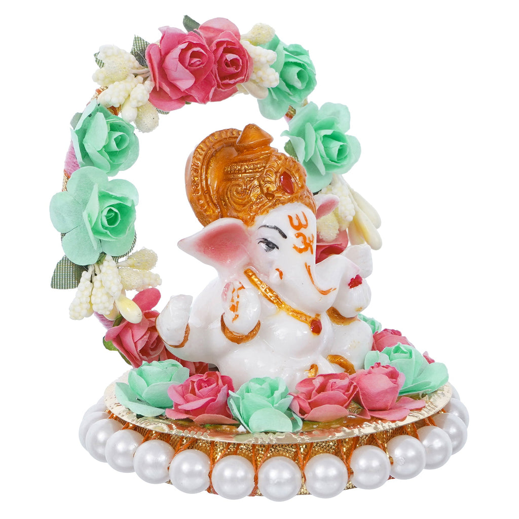 Lord Ganesha Idol On Decorative Handicrafted Plate With Throne Of Pink And Green Flowers Kafalo