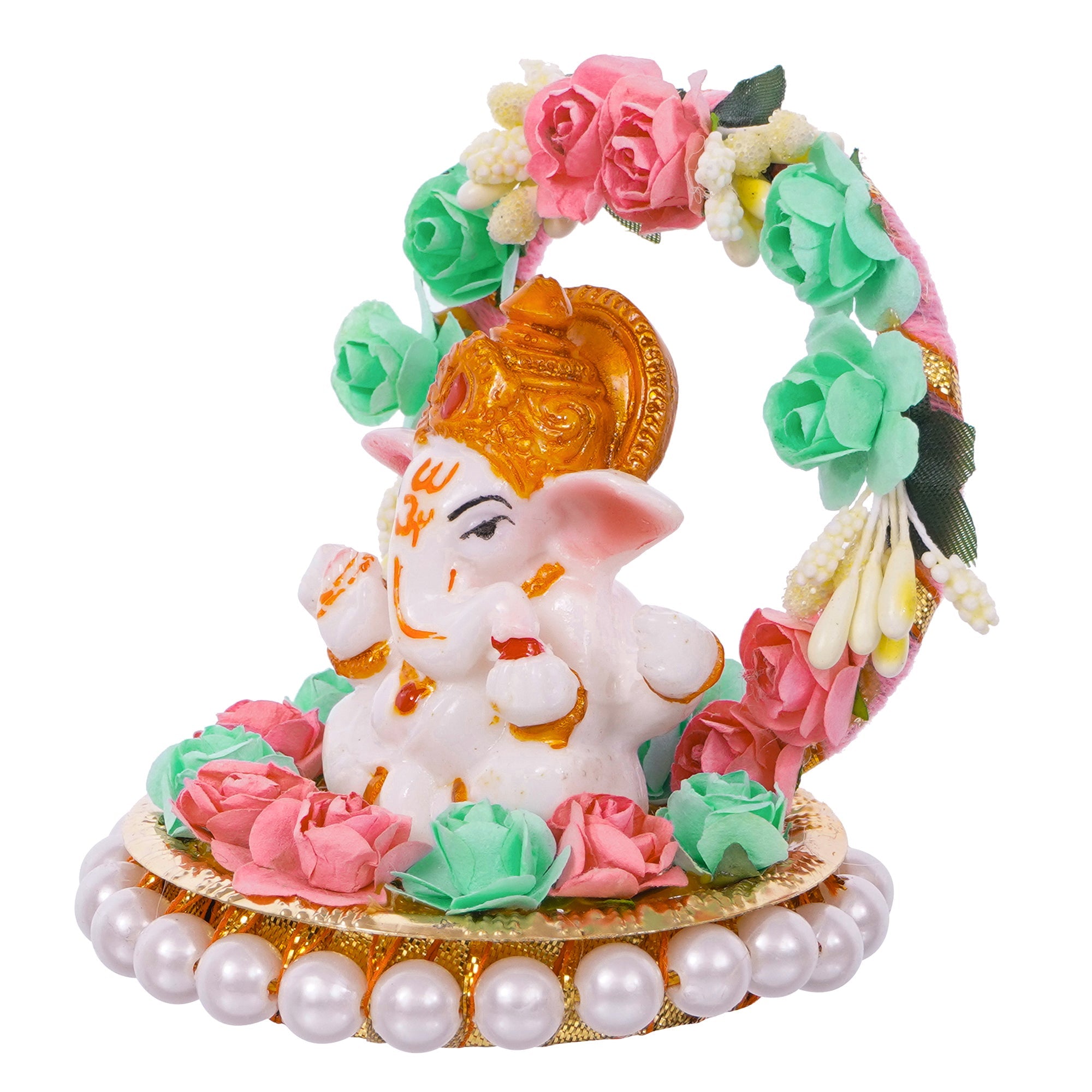 Lord Ganesha Idol On Decorative Handicrafted Plate With Throne Of Pink And Green Flowers Kafalo