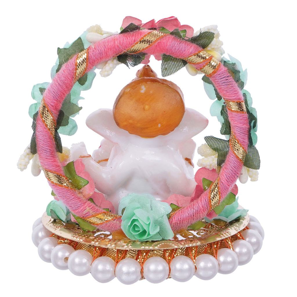 Lord Ganesha Idol On Decorative Handicrafted Plate With Throne Of Pink And Green Flowers Kafalo