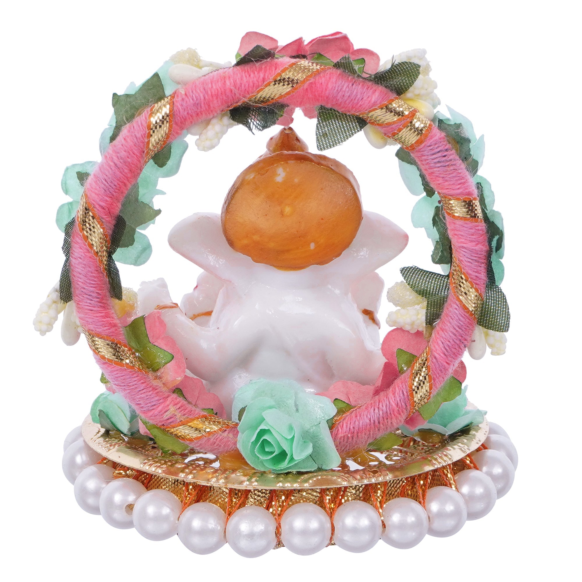 Lord Ganesha Idol On Decorative Handicrafted Plate With Throne Of Pink And Green Flowers Kafalo