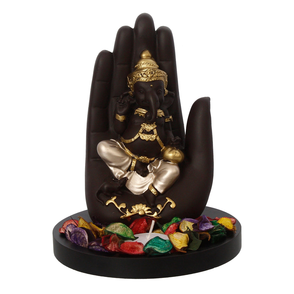 Golden and Black Handcrafted Palm Ganesha Idol on Wooden Base with Fragranced Petals Tealight Candle Holder Kafalo