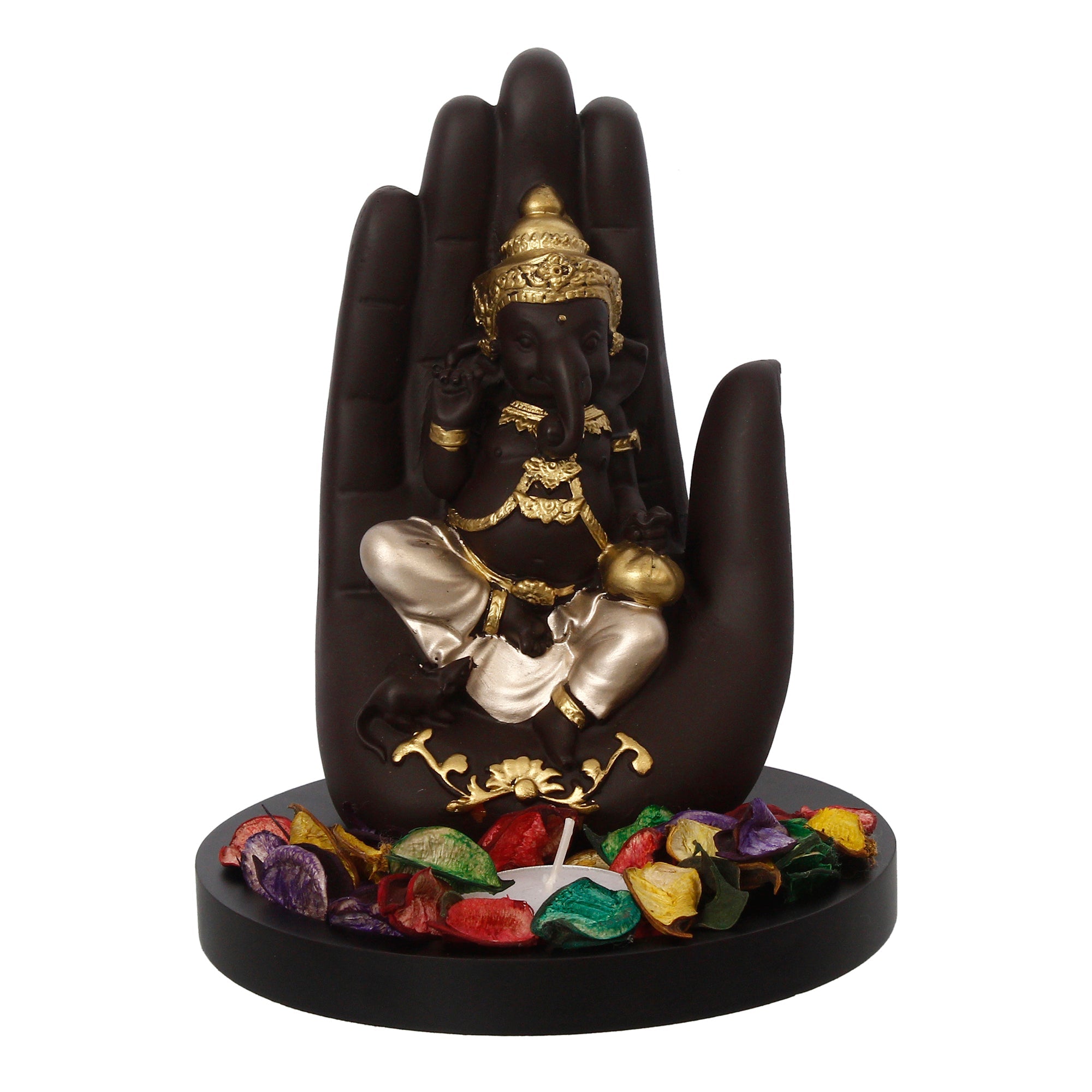 Golden and Black Handcrafted Palm Ganesha Idol on Wooden Base with Fragranced Petals Tealight Candle Holder Kafalo