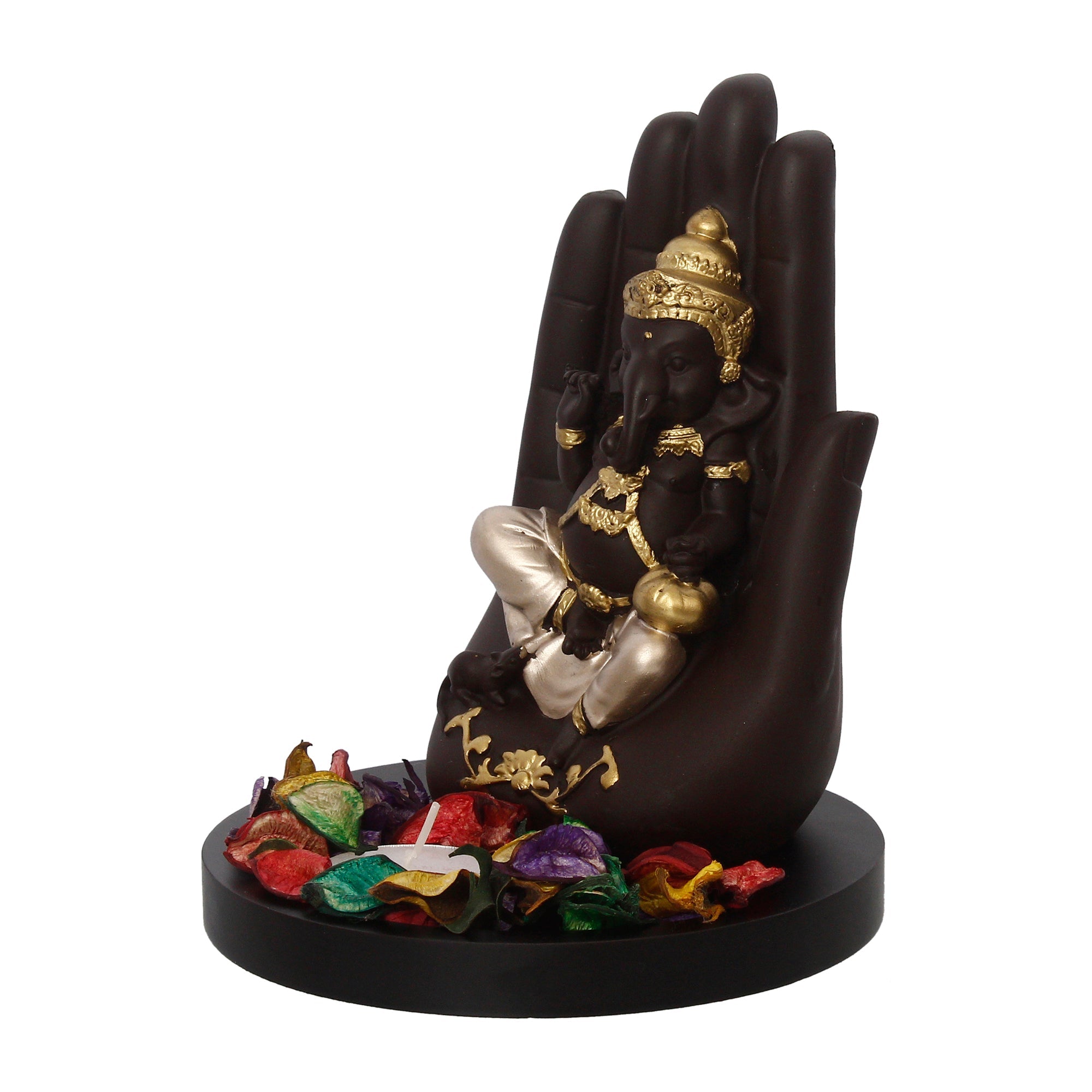 Golden and Black Handcrafted Palm Ganesha Idol on Wooden Base with Fragranced Petals Tealight Candle Holder Kafalo