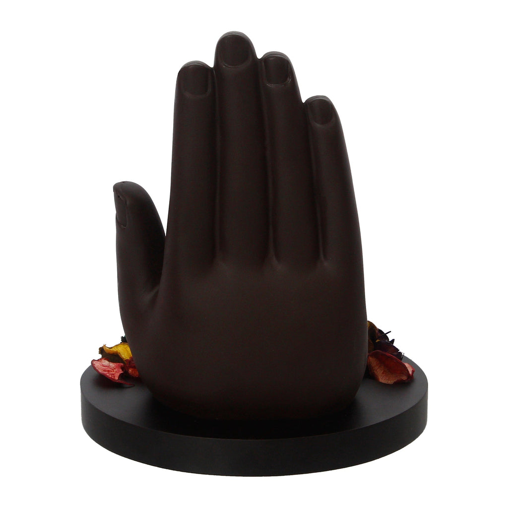 Golden and Black Handcrafted Palm Ganesha Idol on Wooden Base with Fragranced Petals Tealight Candle Holder Kafalo