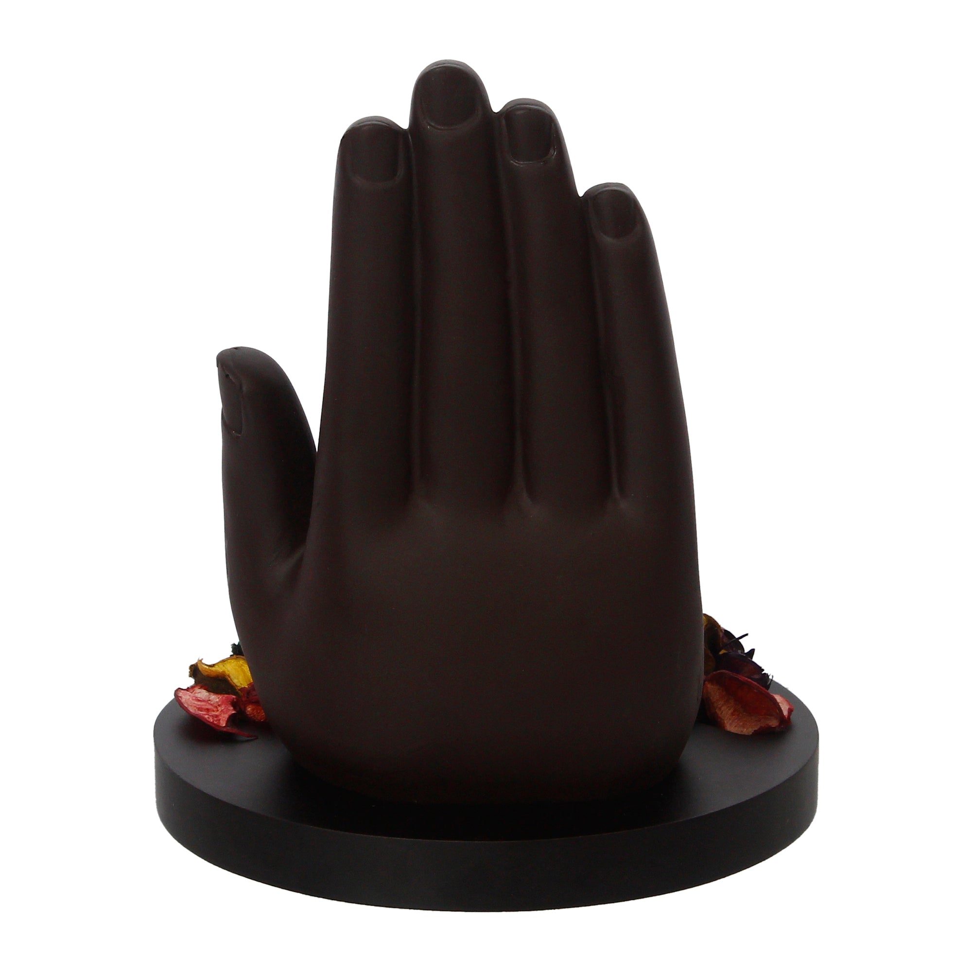 Golden and Black Handcrafted Palm Ganesha Idol on Wooden Base with Fragranced Petals Tealight Candle Holder Kafalo