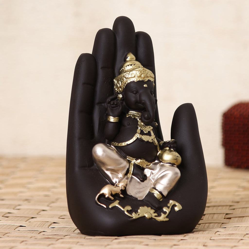 Black and Golden Handcrafted Polyresin Palm Ganesha Idol Kafalo