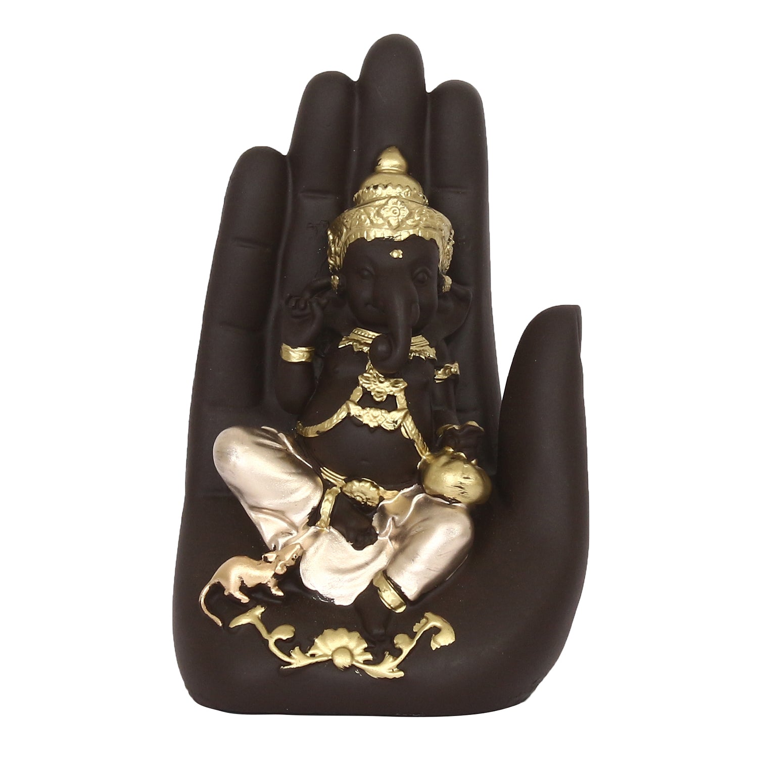 Black and Golden Handcrafted Polyresin Palm Ganesha Idol Kafalo