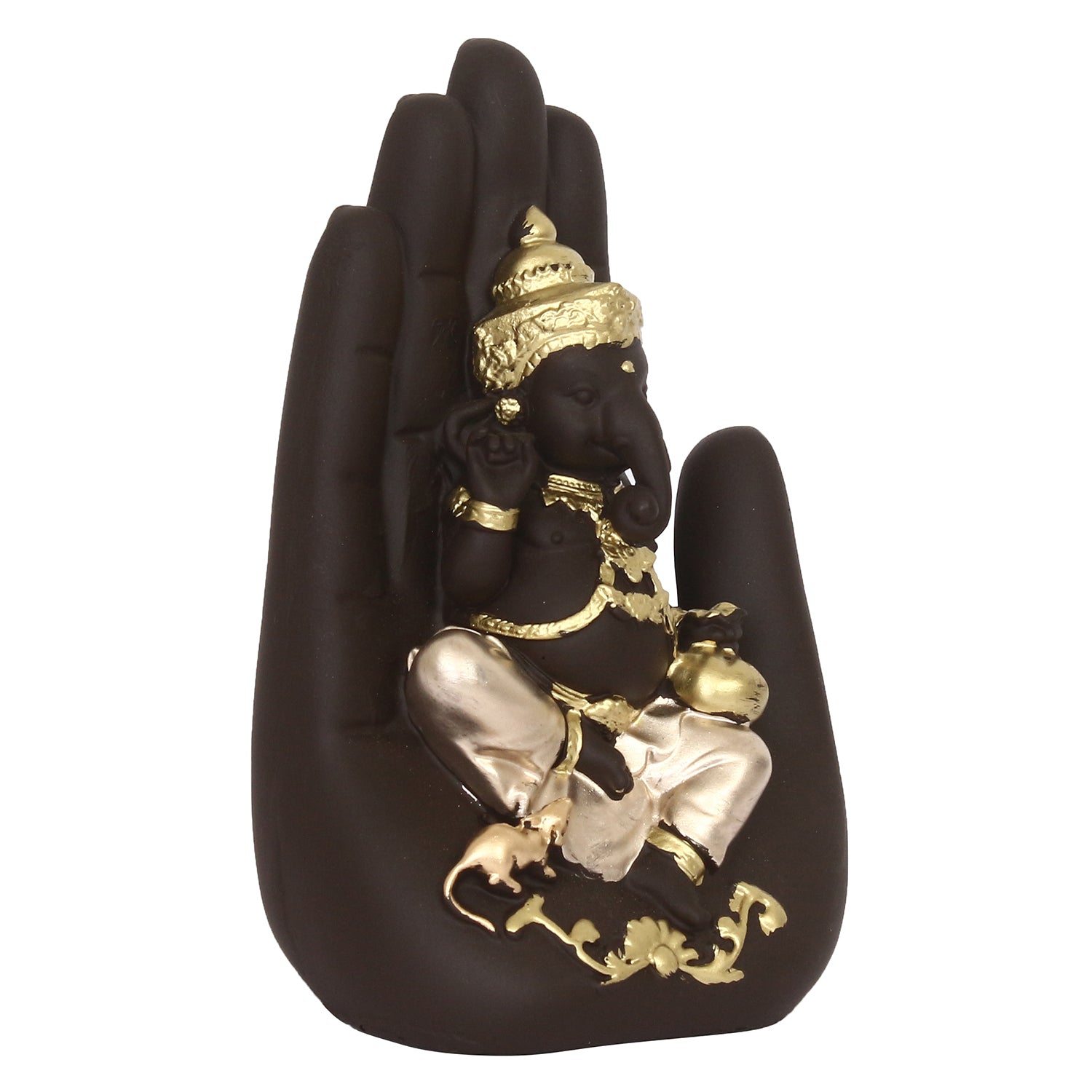 Black and Golden Handcrafted Polyresin Palm Ganesha Idol Kafalo
