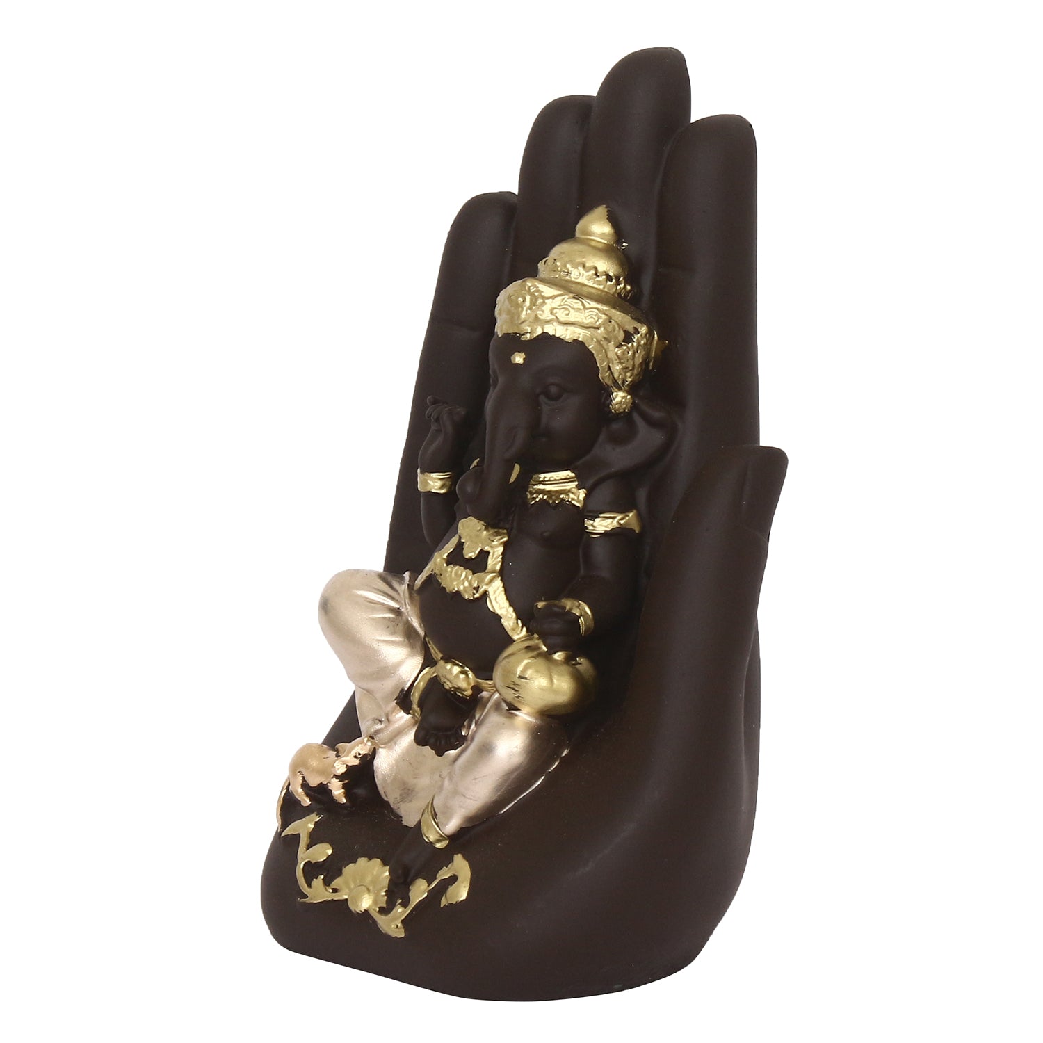 Black and Golden Handcrafted Polyresin Palm Ganesha Idol Kafalo