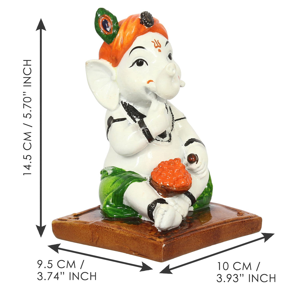 Decorative Polyresin Lord Ganesha Idol eating Ladoo in Lord Krishna Avatar (White, Orange, Green) Kafalo