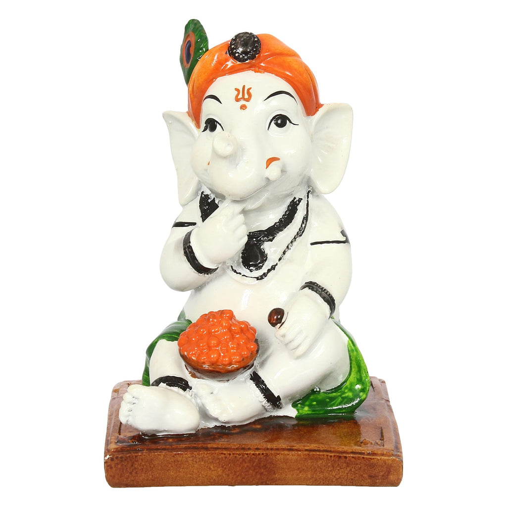 Decorative Polyresin Lord Ganesha Idol eating Ladoo in Lord Krishna Avatar (White, Orange, Green) Kafalo