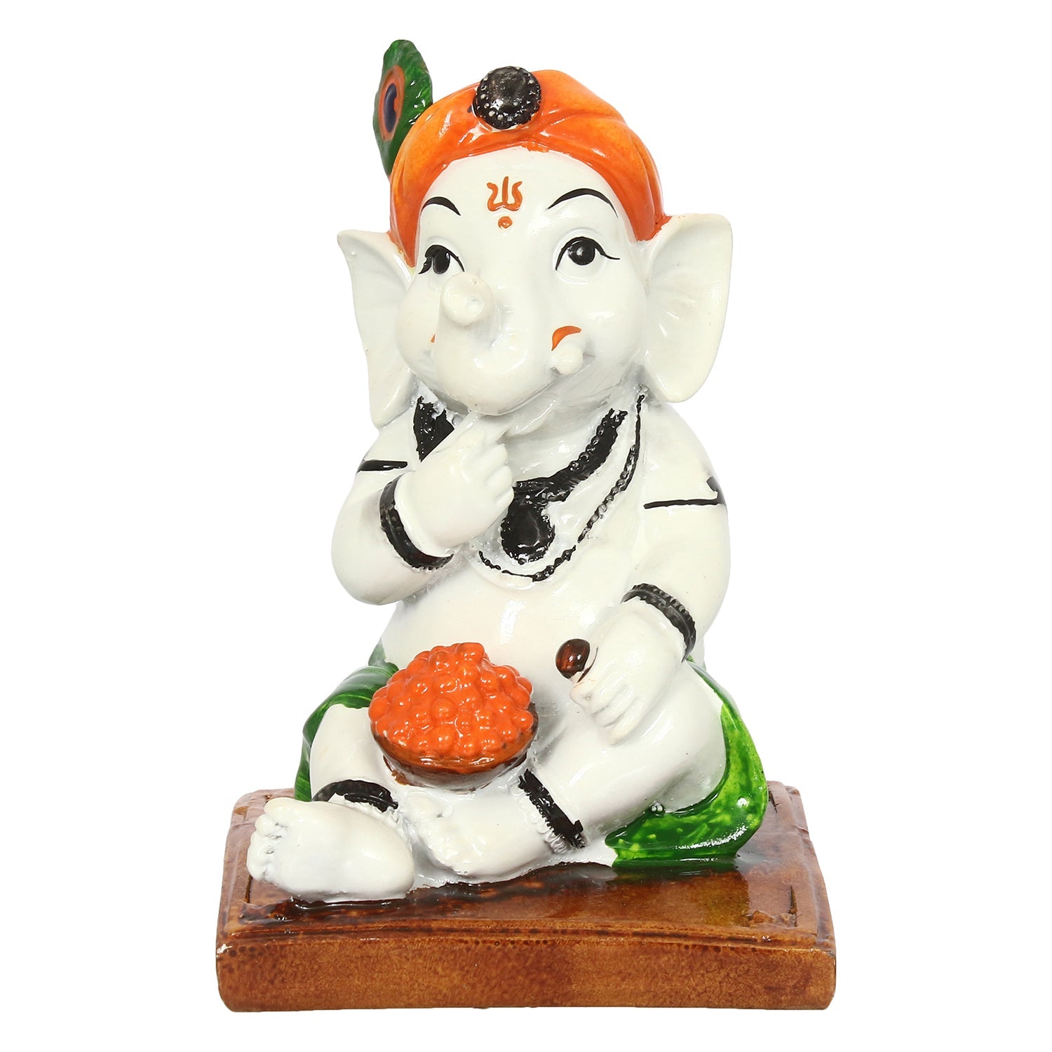 Decorative Polyresin Lord Ganesha Idol eating Ladoo in Lord Krishna Avatar (White, Orange, Green) Kafalo