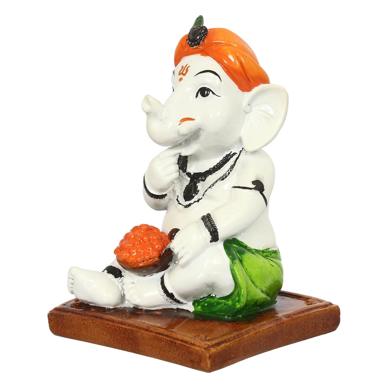 Decorative Polyresin Lord Ganesha Idol eating Ladoo in Lord Krishna Avatar (White, Orange, Green) Kafalo