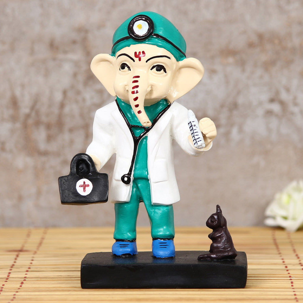 Polyresin Decorative Lord Ganesha Idol in Doctor Avatar (Green, White, Black and Blue) Kafalo