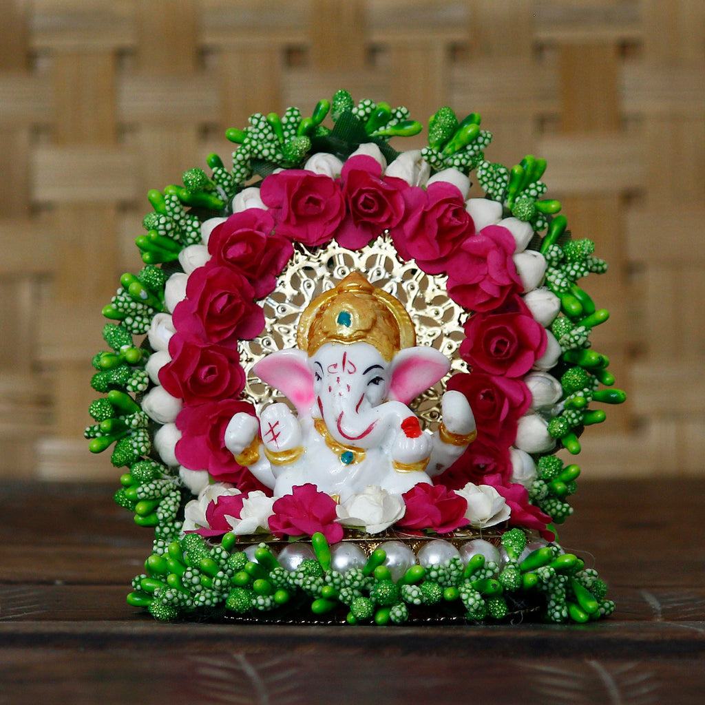 Polyresin Lord Ganesha Idol on Handcrafted Green Floral Plate for Home, Office and Car Dashboard Kafalo