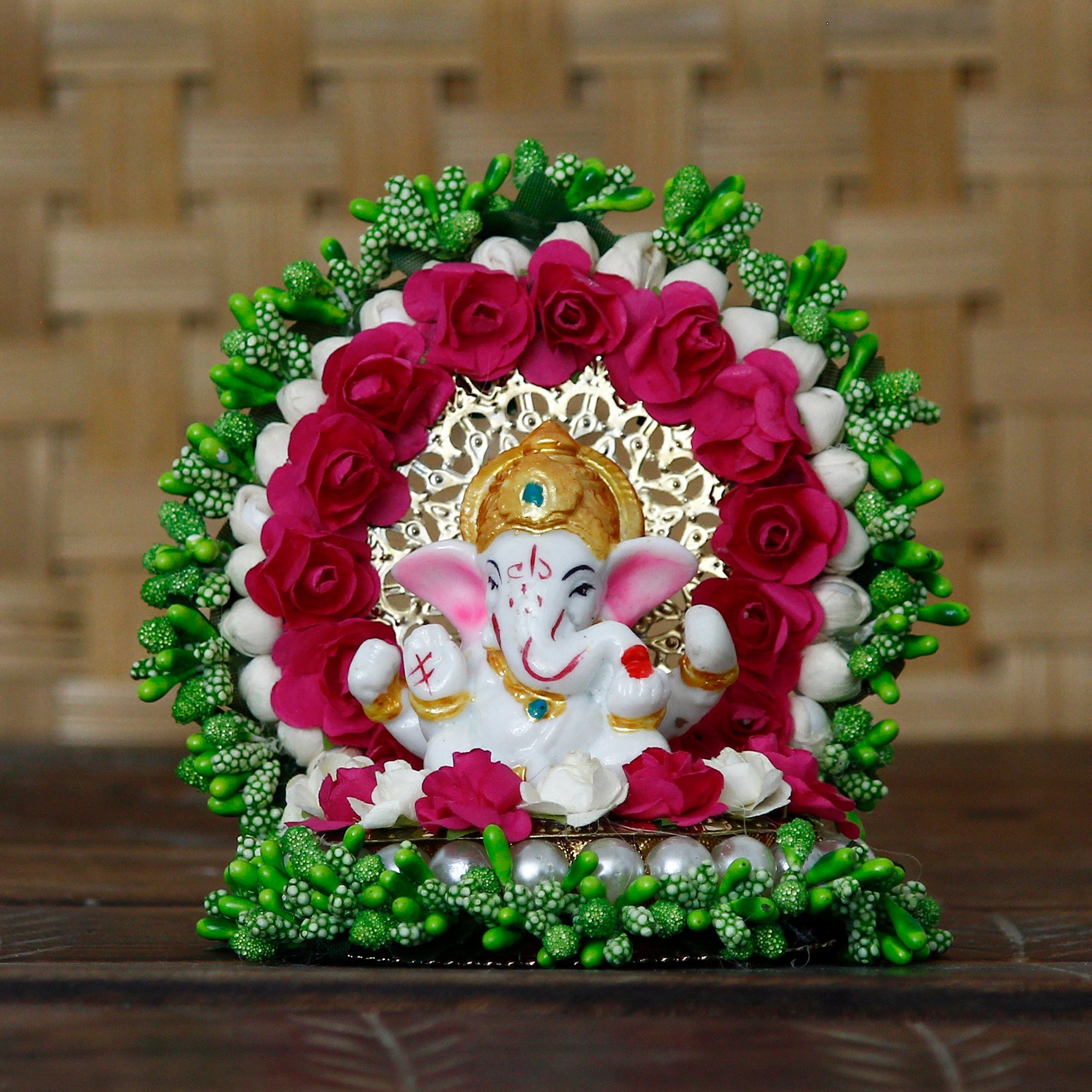 Polyresin Lord Ganesha Idol on Handcrafted Green Floral Plate for Home, Office and Car Dashboard Kafalo