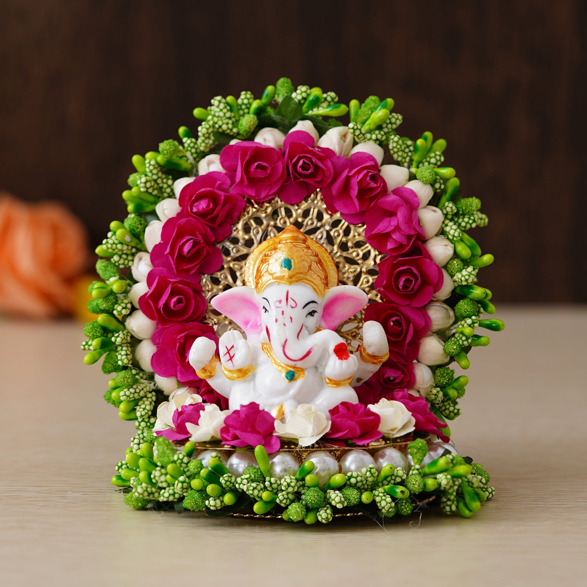 Polyresin Lord Ganesha Idol on Handcrafted Green Floral Plate for Home, Office and Car Dashboard Kafalo