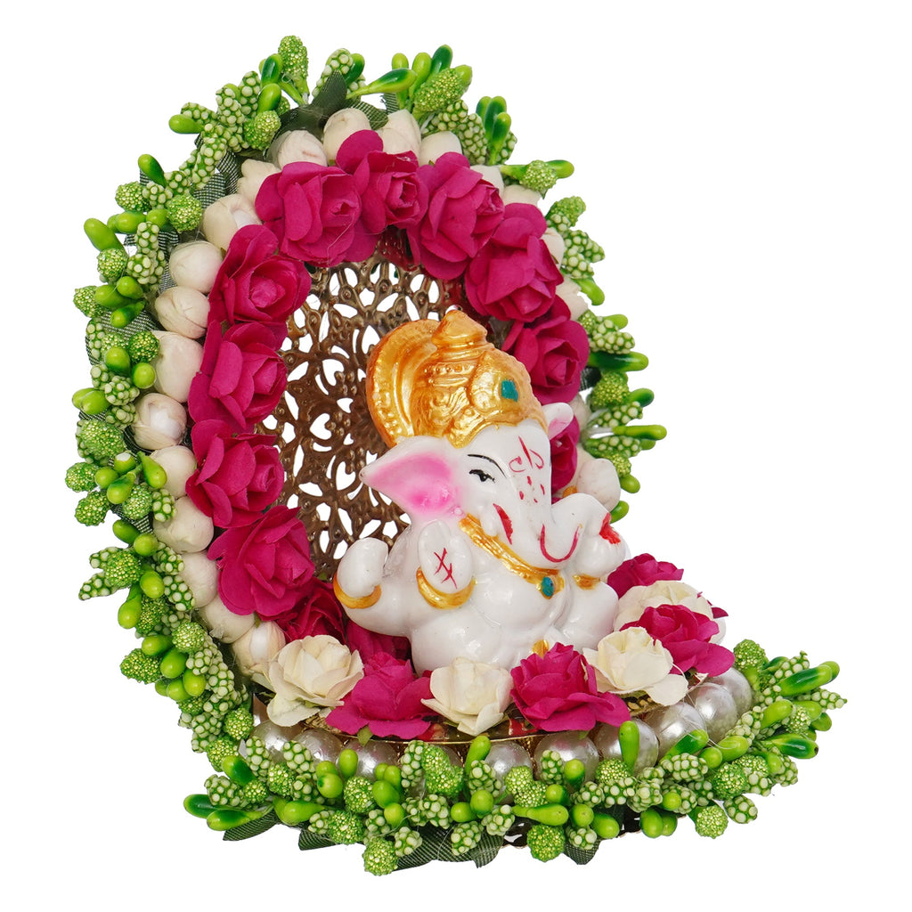 Polyresin Lord Ganesha Idol on Handcrafted Green Floral Plate for Home, Office and Car Dashboard Kafalo