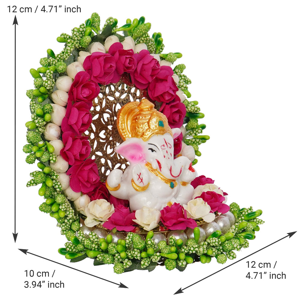 Polyresin Lord Ganesha Idol on Handcrafted Green Floral Plate for Home, Office and Car Dashboard Kafalo