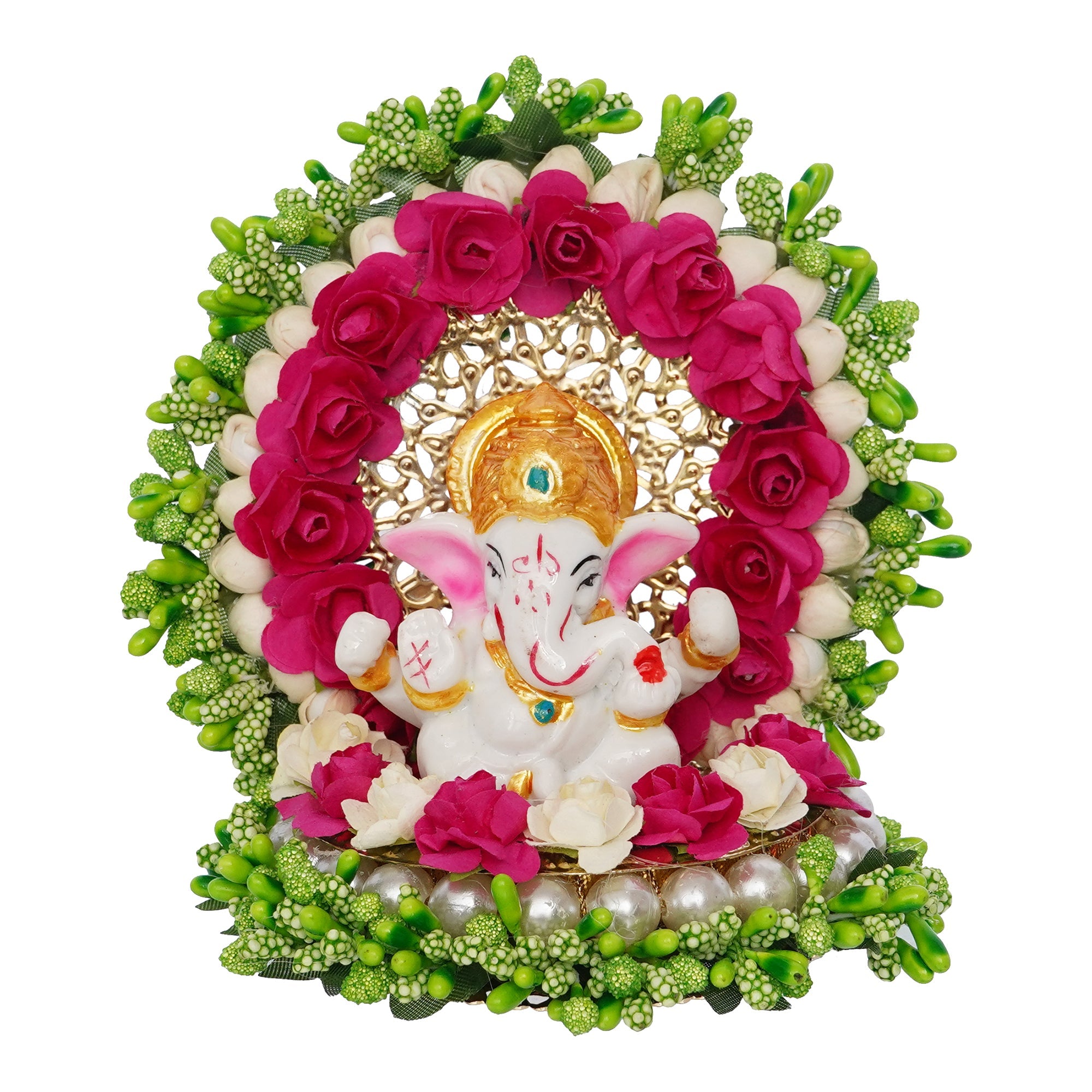 Polyresin Lord Ganesha Idol on Handcrafted Green Floral Plate for Home, Office and Car Dashboard Kafalo