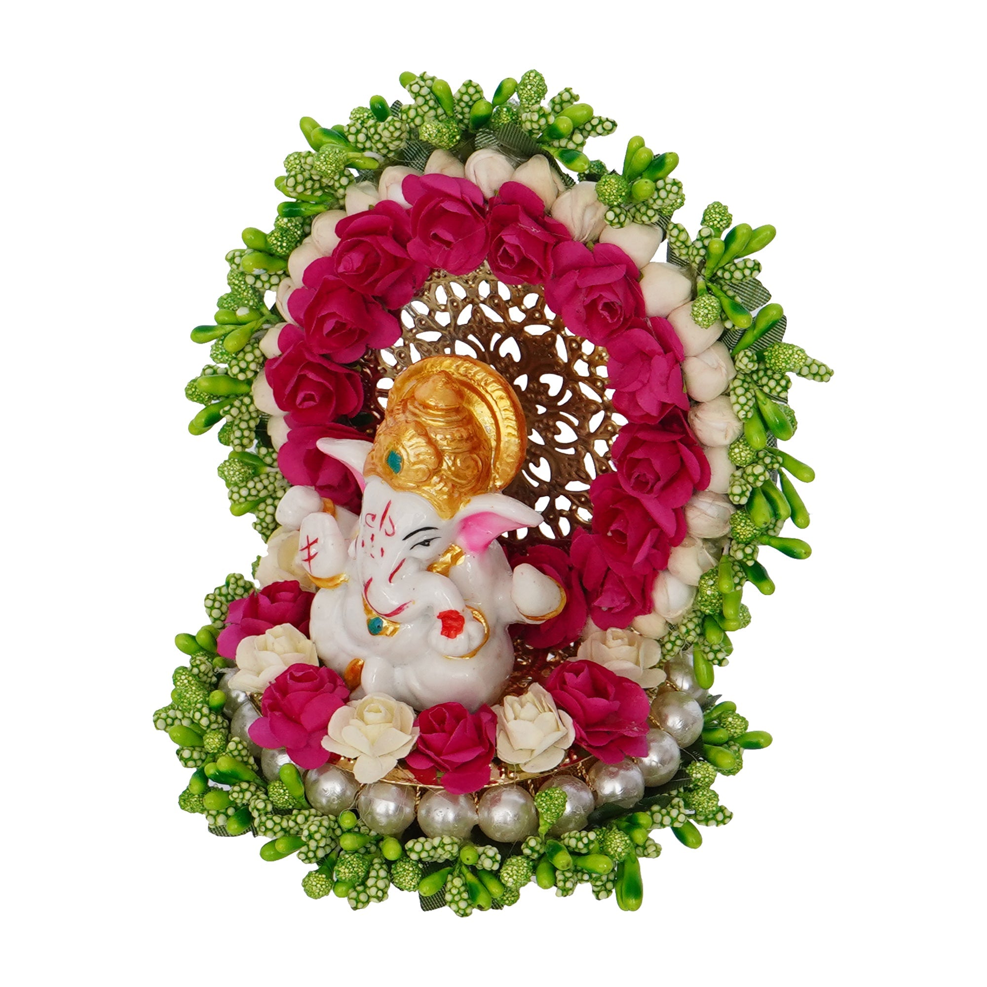 Polyresin Lord Ganesha Idol on Handcrafted Green Floral Plate for Home, Office and Car Dashboard Kafalo