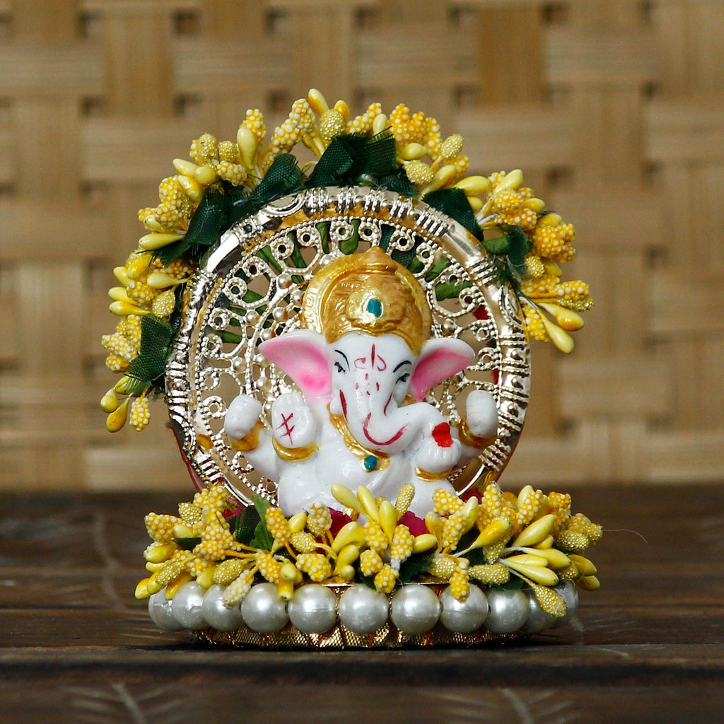 Polyresin Lord Ganesha Idol on Handcrafted Yellow Floral Plate for Home and Car Dashboard Kafalo