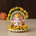 Polyresin Lord Ganesha Idol on Handcrafted Yellow Floral Plate for Home and Car Dashboard Kafalo