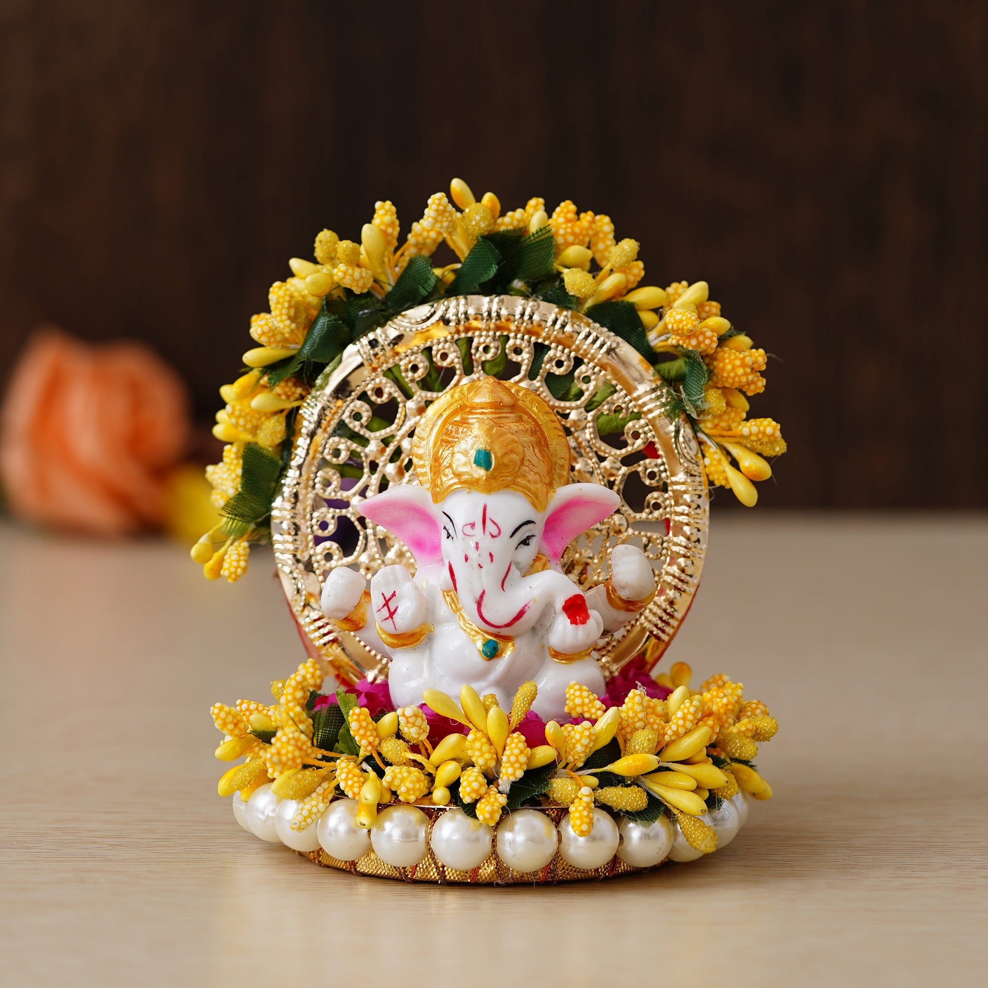 Polyresin Lord Ganesha Idol on Handcrafted Yellow Floral Plate for Home and Car Dashboard Kafalo