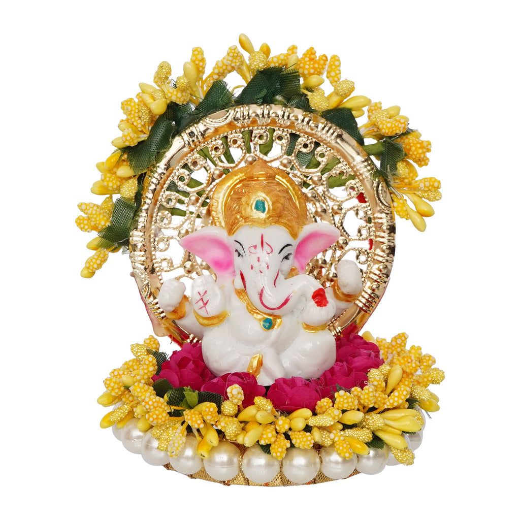 Polyresin Lord Ganesha Idol on Handcrafted Yellow Floral Plate for Home and Car Dashboard Kafalo