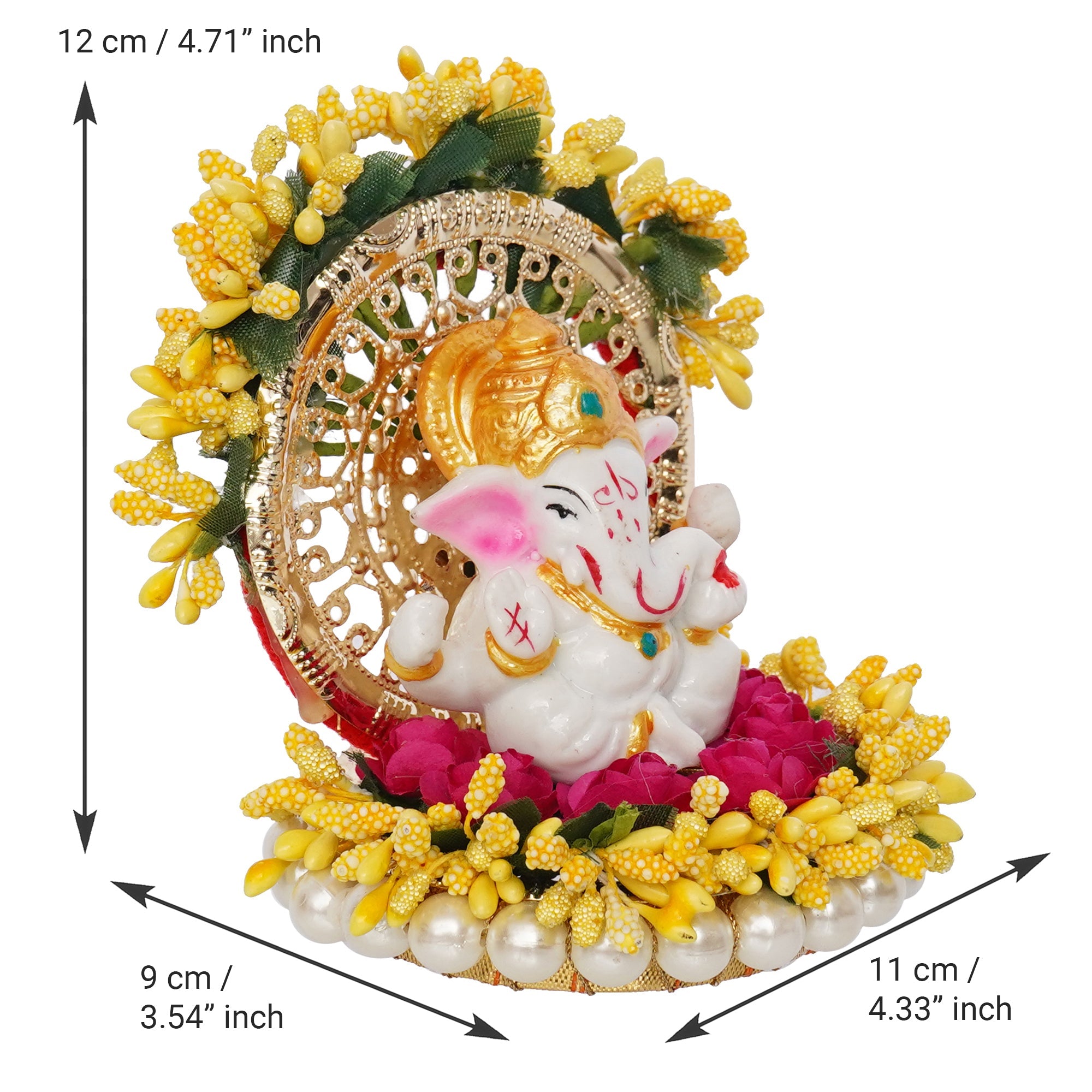 Polyresin Lord Ganesha Idol on Handcrafted Yellow Floral Plate for Home and Car Dashboard Kafalo