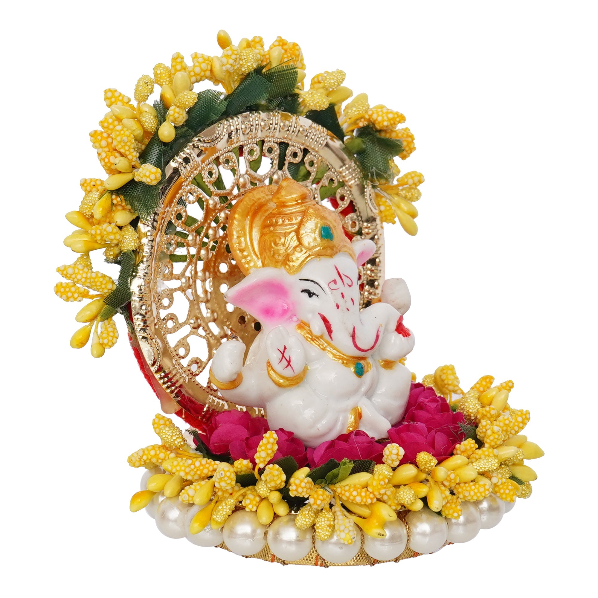 Polyresin Lord Ganesha Idol on Handcrafted Yellow Floral Plate for Home and Car Dashboard Kafalo
