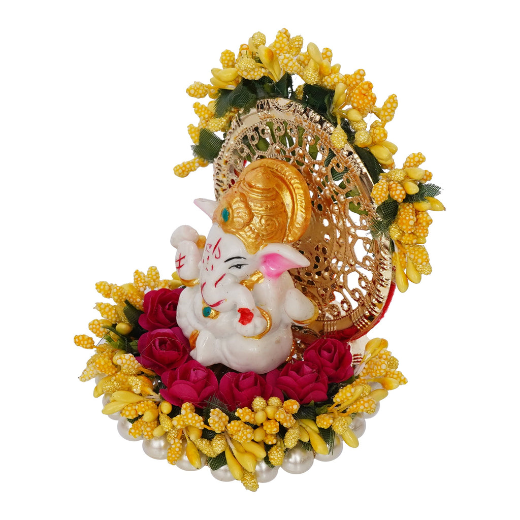 Polyresin Lord Ganesha Idol on Handcrafted Yellow Floral Plate for Home and Car Dashboard Kafalo