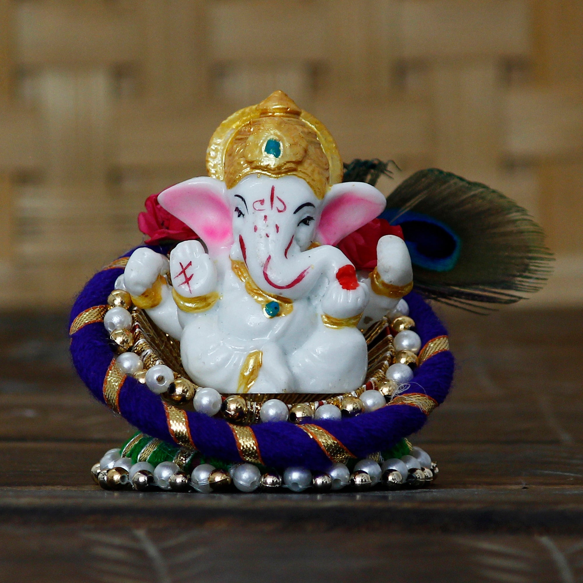 Polyresin Lord Ganesha Idol on Decorative Handcrafted Floral Plate for Home, Office and Car Dashboard Kafalo