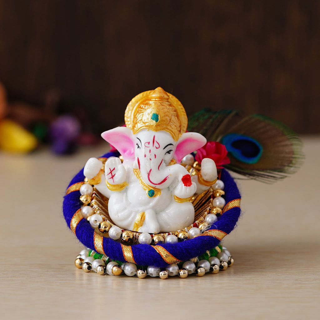 Polyresin Lord Ganesha Idol on Decorative Handcrafted Floral Plate for Home, Office and Car Dashboard Kafalo