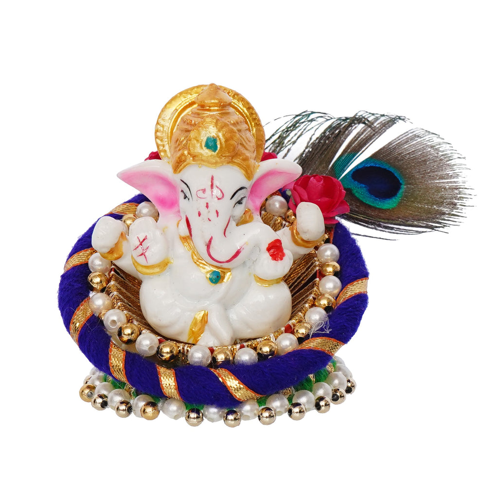 Polyresin Lord Ganesha Idol on Decorative Handcrafted Floral Plate for Home, Office and Car Dashboard Kafalo