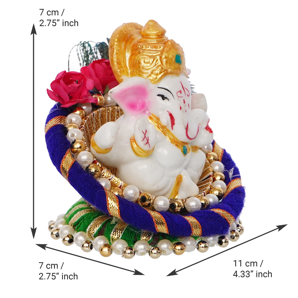 Polyresin Lord Ganesha Idol on Decorative Handcrafted Floral Plate for Home, Office and Car Dashboard Kafalo