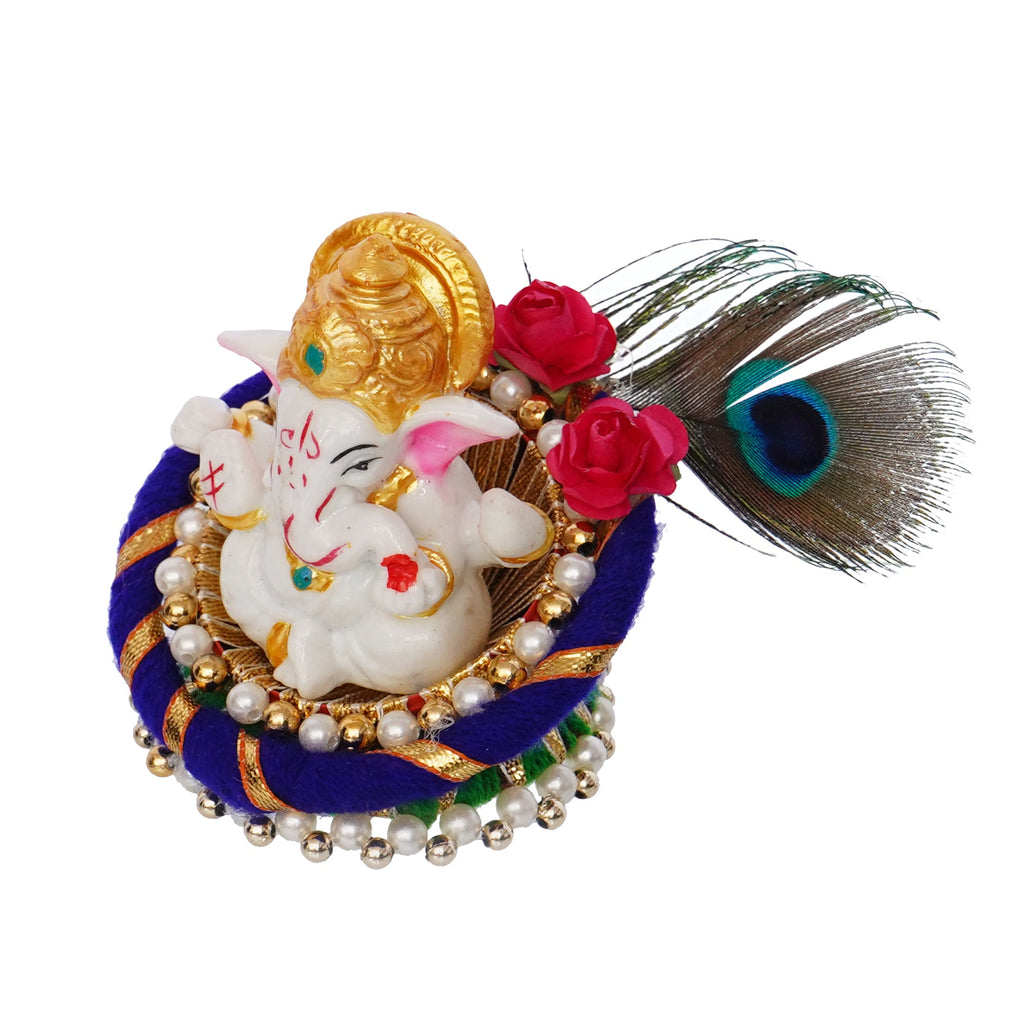 Polyresin Lord Ganesha Idol on Decorative Handcrafted Floral Plate for Home, Office and Car Dashboard Kafalo