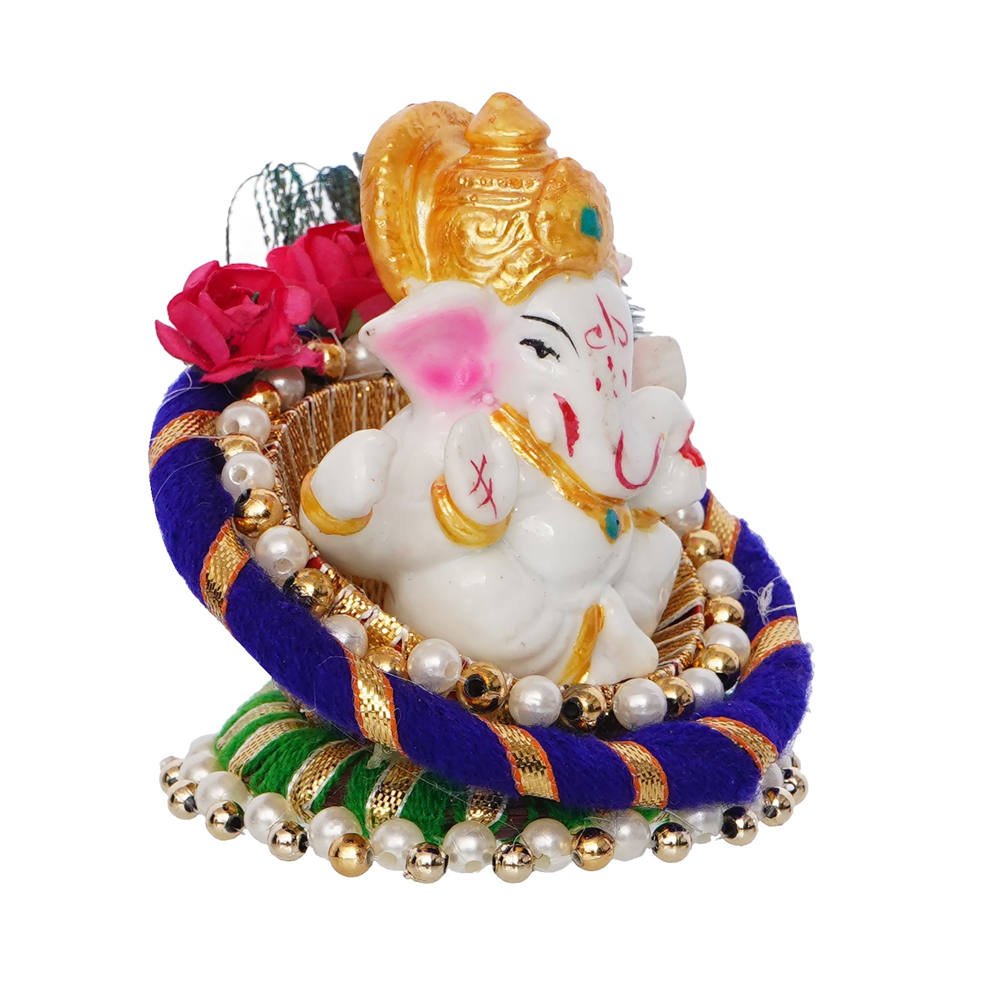Polyresin Lord Ganesha Idol on Decorative Handcrafted Floral Plate for Home, Office and Car Dashboard Kafalo