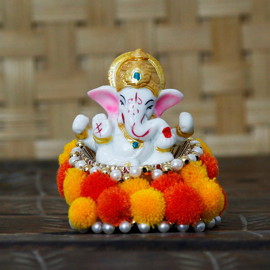 Polyresin Lord Ganesha Idol on Decorative Handcrafted Floral Plate for Home and Car Dashboard Kafalo